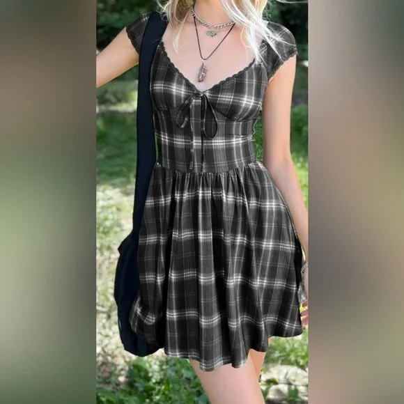 slim fit dress slacks 【CLEARANCE】Gothic Grunge Spaghetti Strap Plaid Mini Dress CLT5895, Black_XXL main image 0